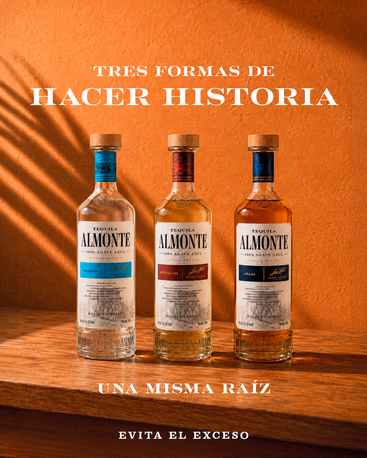 Botellas de Almonte Blanco, Reposado y Añejo: tres formas de hacer historia, una misma raíz.